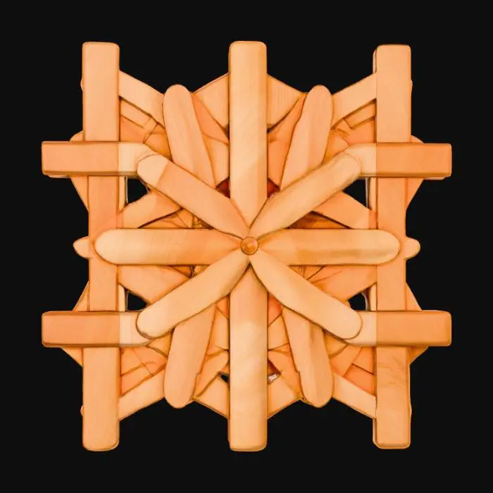 3D model for A piece of wall art crafted from warm-toned wood features an intricate arrangement of interlocking geometric shapes. The wood's surface displays a visible, tactile grain, with some areas smoothly polished and others exhibiting a subtle, natural texture. Varying shades of natural brown and amber, possibly enhanced by a clear stain, highlight the distinct planes and angles. The shapes are layered in relief, creating dynamic shadows and a three-dimensional structure that feels substantial and organic to the touch.