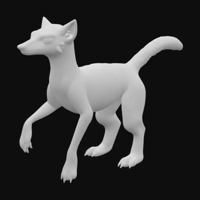 3D model for A unique hybrid creature, blending the striking features of a Tasmanian tiger with a skunk. It possesses a sleek, powerful body, covered in dense, coarse fur patterned with bold black stripes on a creamy white base, reminiscent of both animals. Its head is lean with a pointed snout and alert dark eyes, while its tail is long and bushy, combining the skunk's volume with the thylacine's length. The fur feels thick and soft, particularly on the prominent tail., #PBR#