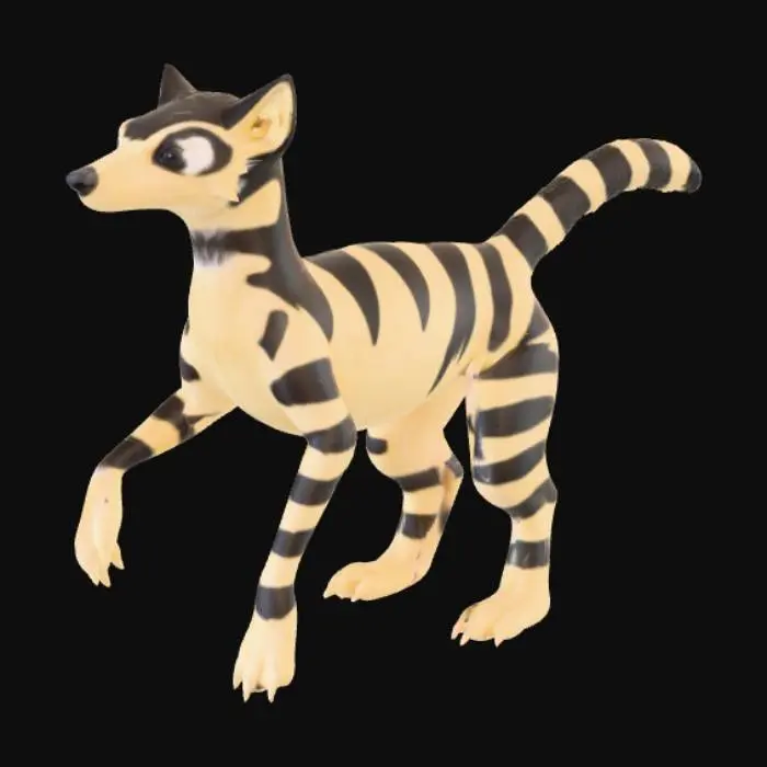 3D model for A unique hybrid creature, blending the striking features of a Tasmanian tiger with a skunk. It possesses a sleek, powerful body, covered in dense, coarse fur patterned with bold black stripes on a creamy white base, reminiscent of both animals. Its head is lean with a pointed snout and alert dark eyes, while its tail is long and bushy, combining the skunk's volume with the thylacine's length. The fur feels thick and soft, particularly on the prominent tail., #PBR#