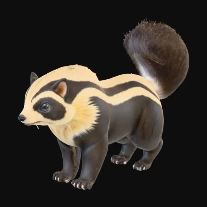 3D model for A unique hybrid creature, blending the striking features of a Tasmanian tiger with a skunk. It possesses a sleek, powerful body, covered in dense, coarse fur patterned with bold black stripes on a creamy white base, reminiscent of both animals. Its head is lean with a pointed snout and alert dark eyes, while its tail is long and bushy, combining the skunk's volume with the thylacine's length. The fur feels thick and soft, particularly on the prominent tail., #PBR#