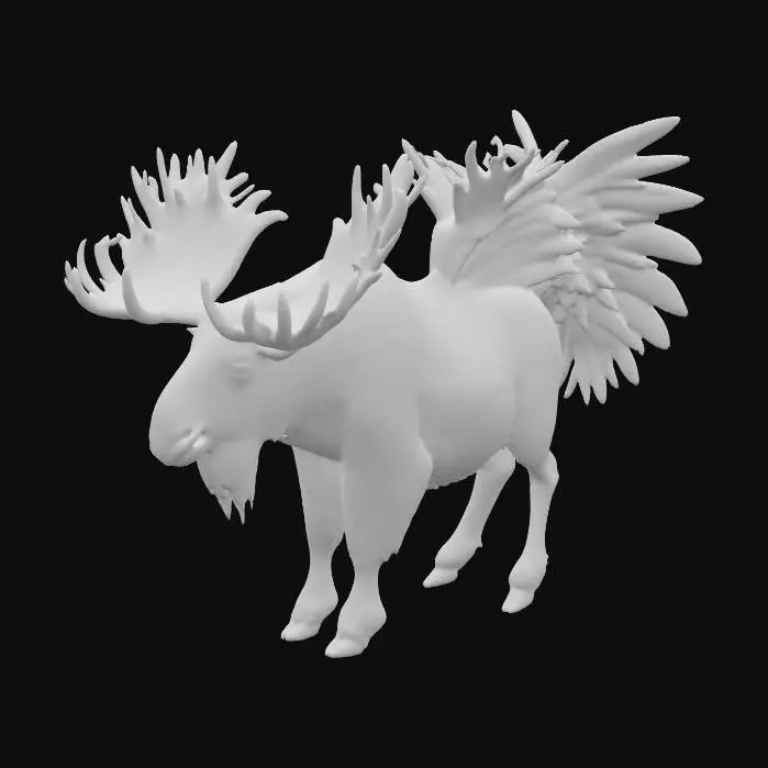 3D model for A majestic moose, its colossal body covered in rich, shaggy brown fur that has a coarse, thick texture. Its broad, palmate antlers are made of bone, with a slightly rough, velvety feel at the base. From its powerful shoulders sprout two immense, feathered wings, resembling those of an eagle but scaled to its size. Each feather is a deep, iridescent brown, smooth and resilient to the touch, capable of generating immense lift., #PBR#