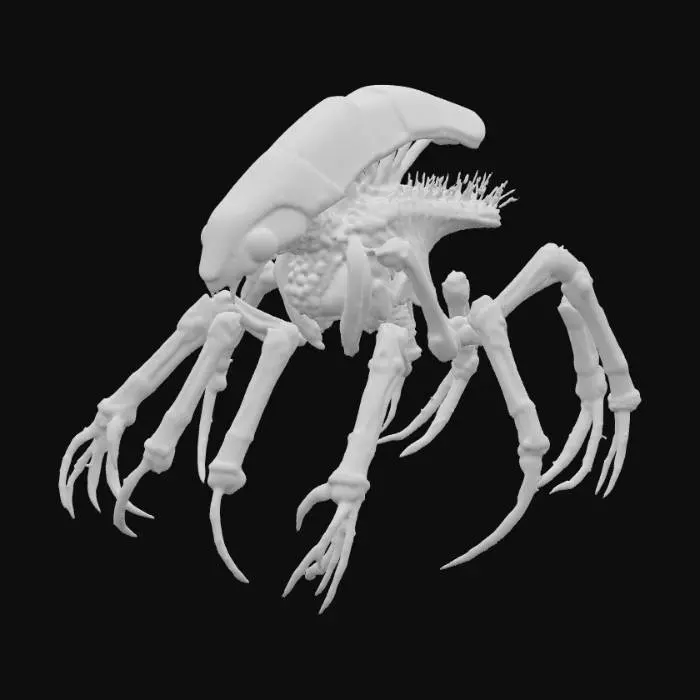 3D model for A bioluminescent quadruped creature, heavily inspired by H.R. Giger's biomechanical aesthetic, features an elongated, skeletal form with an chitinous exoskeleton that gleams with an oily, iridescent sheen. Pulsing veins of soft, ethereal blue light trace complex patterns beneath the translucent, segmented plating, illuminating its spiky, alien silhouette. Its sharp, angular limbs terminate in multiple digits, suggesting a firm, almost metallic grip, while its head is a fusion of organic and industrial elements, emitting a subtle, cold glow., #PBR#