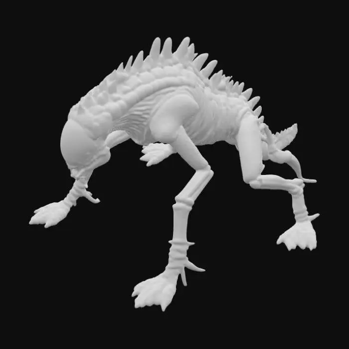 3D model for A bioluminescent quadruped creature, heavily inspired by H.R. Giger's biomechanical aesthetic, features an elongated, skeletal form with an chitinous exoskeleton that gleams with an oily, iridescent sheen. Pulsing veins of soft, ethereal blue light trace complex patterns beneath the translucent, segmented plating, illuminating its spiky, alien silhouette. Its sharp, angular limbs terminate in multiple digits, suggesting a firm, almost metallic grip, while its head is a fusion of organic and industrial elements, emitting a subtle, cold glow., #PBR#
