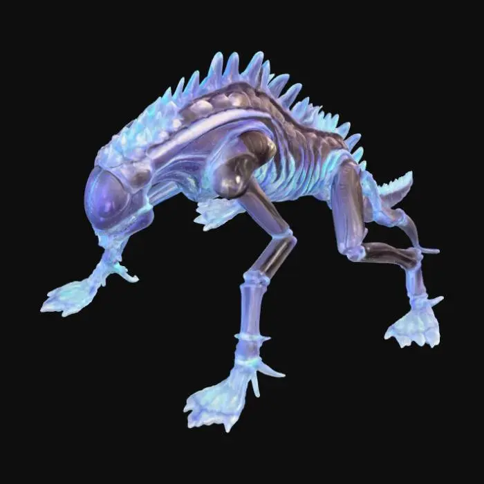 3D model for A bioluminescent quadruped creature, heavily inspired by H.R. Giger's biomechanical aesthetic, features an elongated, skeletal form with an chitinous exoskeleton that gleams with an oily, iridescent sheen. Pulsing veins of soft, ethereal blue light trace complex patterns beneath the translucent, segmented plating, illuminating its spiky, alien silhouette. Its sharp, angular limbs terminate in multiple digits, suggesting a firm, almost metallic grip, while its head is a fusion of organic and industrial elements, emitting a subtle, cold glow., #PBR#