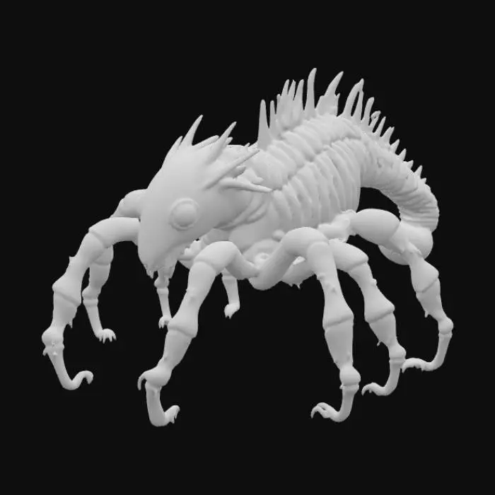 3D model for A bioluminescent quadruped creature, heavily inspired by H.R. Giger's biomechanical aesthetic, features an elongated, skeletal form with an chitinous exoskeleton that gleams with an oily, iridescent sheen. Pulsing veins of soft, ethereal blue light trace complex patterns beneath the translucent, segmented plating, illuminating its spiky, alien silhouette. Its sharp, angular limbs terminate in multiple digits, suggesting a firm, almost metallic grip, while its head is a fusion of organic and industrial elements, emitting a subtle, cold glow., #PBR#