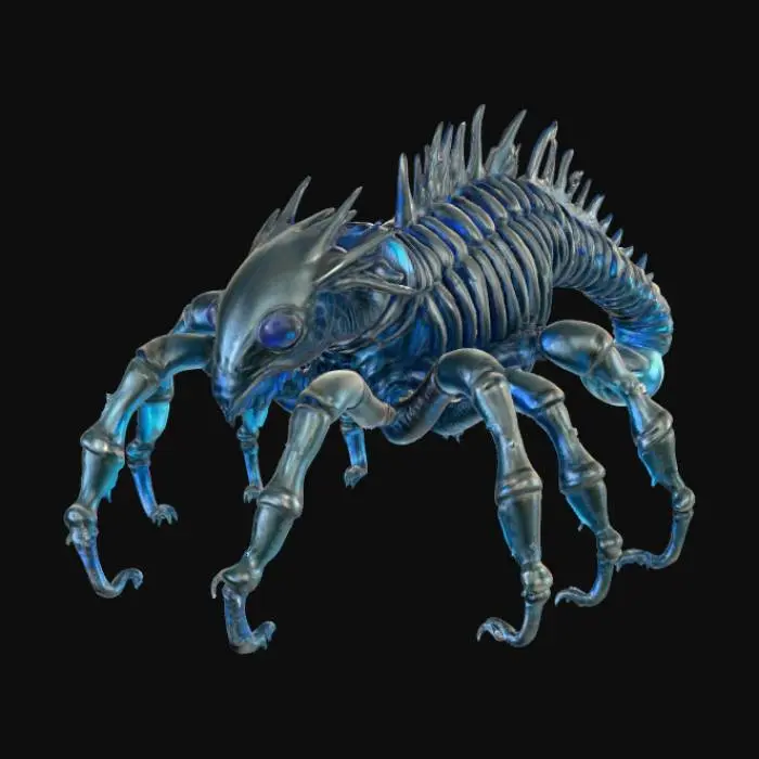 3D model for A bioluminescent quadruped creature, heavily inspired by H.R. Giger's biomechanical aesthetic, features an elongated, skeletal form with an chitinous exoskeleton that gleams with an oily, iridescent sheen. Pulsing veins of soft, ethereal blue light trace complex patterns beneath the translucent, segmented plating, illuminating its spiky, alien silhouette. Its sharp, angular limbs terminate in multiple digits, suggesting a firm, almost metallic grip, while its head is a fusion of organic and industrial elements, emitting a subtle, cold glow., #PBR#