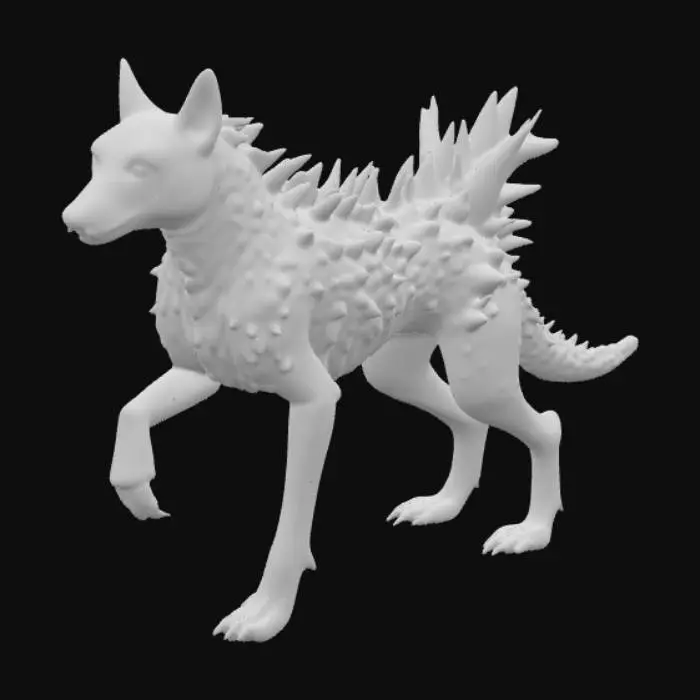 3D model for  Thornhound
Size: About the size of a terrier or corgi, low to the ground but sturdy.

Body: Covered in overlapping, rough scales patterned like sandstone or desert rock. Rows of spiky thorns jut from its back, shoulders, and tail — not enough to pierce a handler if careful, but intimidating to predators.

Head: More canine in shape, with expressive eyes and a short muzzle. The snout may carry a few smaller, thorn-like ridges. Its ears are pointed, edged with small spikes that twitch like a dog's when listening.

Tail: Thick, tapering to a blunt club-like end with ridges of spikes — it can use this defensively.

Paws: Doglike but with slightly longer claws for traction in rocky or sandy terrain.

, #PBR#