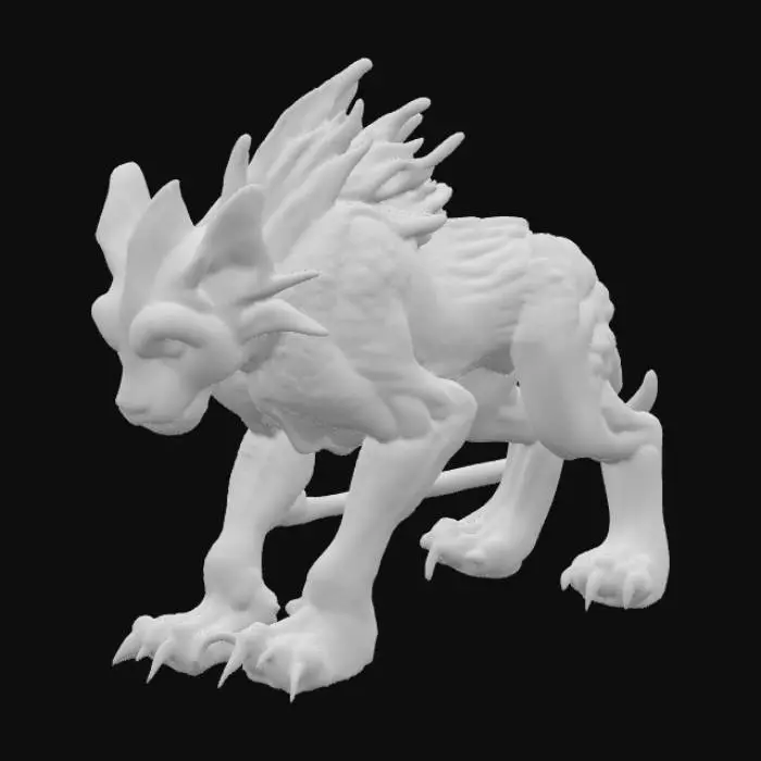 3D model for An imposing alien-lion hybrid creature, possessing the powerful, muscular build of a large feline but with skin resembling iridescent, deep blue scales that shimmer with subtle, oily reflections. A majestic mane of sharp, obsidian-like quills frames its head, tapering to points and feeling both brittle and smooth to the touch. Its face blends feline features with large, multi-faceted, glowing yellow eyes, while its four robust limbs end in broad, three-toed paws with claw-like projections that appear to be made of polished, dark metal., #PBR#