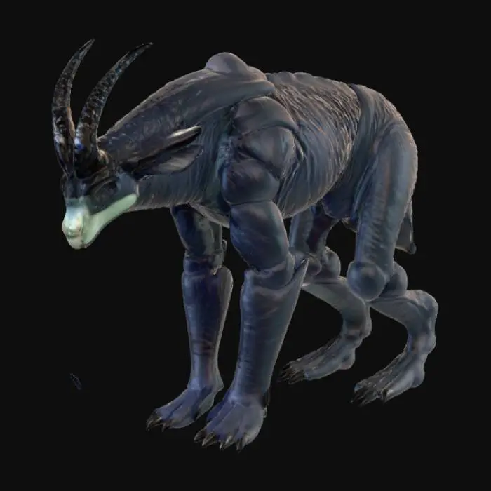 3D model for A creature combining a black bear's bulk with an alien morphology, its fur replaced by overlapping, obsidian-like scales that shift from deep indigo to matte black, giving it an armored, segmented appearance. Its immense, column-like legs end in flat, three-toed feet with hardened, ceramic-like pads. The head is broad and low-slung, dominated by a single, large, cyclopean eye that glows with an internal, greenish light, and two prominent, upward-curving horns that are smooth and cold to the touch, suggesting a dense, mineral composition., #PBR#