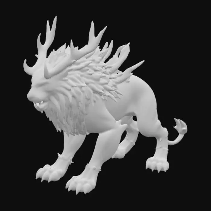 3D model for An imposing creature with the powerful, muscular physique of a lion, its body covered in shimmering, deep emerald-green scales that possess a metallic sheen and feel cool to the touch. Instead of a mane, its head is framed by a collection of sharp, obsidian-like quills that branch upwards, culminating in majestic, crystalline antlers that glow with a faint, internal violet light. Its piercing, multi-faceted eyes are the color of molten gold, and its robust limbs end in broad, five-digit paws with elongated, hook-like claws of polished dark metal., #PBR#