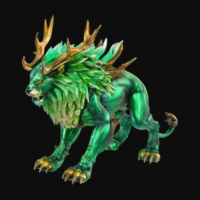 3D model for An imposing creature with the powerful, muscular physique of a lion, its body covered in shimmering, deep emerald-green scales that possess a metallic sheen and feel cool to the touch. Instead of a mane, its head is framed by a collection of sharp, obsidian-like quills that branch upwards, culminating in majestic, crystalline antlers that glow with a faint, internal violet light. Its piercing, multi-faceted eyes are the color of molten gold, and its robust limbs end in broad, five-digit paws with elongated, hook-like claws of polished dark metal., #PBR#