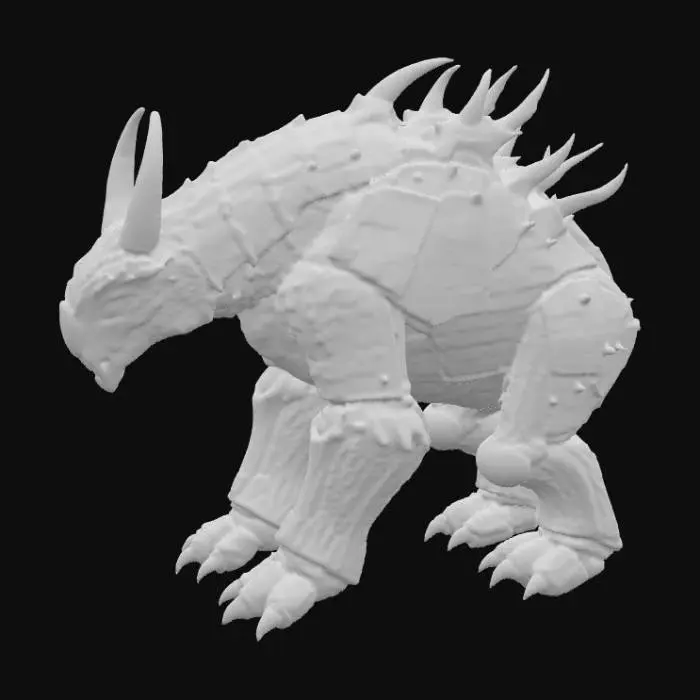 3D model for A creature combining a black bear's bulk with an alien morphology, its fur replaced by overlapping, obsidian-like scales that shift from deep indigo to matte black, giving it an armored, segmented appearance. Its immense, column-like legs end in flat, three-toed feet with hardened, ceramic-like pads. The head is broad and low-slung, dominated by a single, large, cyclopean eye that glows with an internal, greenish light, and two prominent, upward-curving horns that are smooth and cold to the touch, suggesting a dense, mineral composition., #PBR#