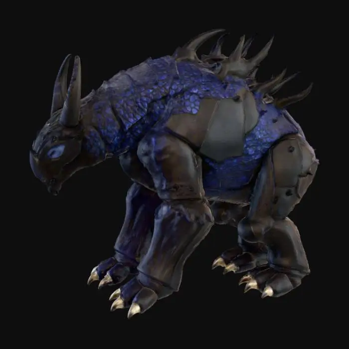 3D model for A creature combining a black bear's bulk with an alien morphology, its fur replaced by overlapping, obsidian-like scales that shift from deep indigo to matte black, giving it an armored, segmented appearance. Its immense, column-like legs end in flat, three-toed feet with hardened, ceramic-like pads. The head is broad and low-slung, dominated by a single, large, cyclopean eye that glows with an internal, greenish light, and two prominent, upward-curving horns that are smooth and cold to the touch, suggesting a dense, mineral composition., #PBR#