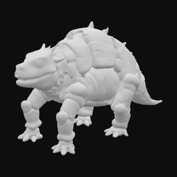 3D model for A small, quadrupedal creature resembling a compact dinosaur, entirely encased in a rigid, bone-like exoskeleton. Its body is covered in thick, interlocking plates that form a protective armor, giving it a segmented and unyielding appearance. The surface of the exoskeleton is rough and textured, akin to sun-bleached, ancient bone, displaying natural off-white and subtle greyish tones. Its sturdy limbs support a low-slung body, suggesting a robust and durable structure.
