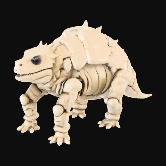 3D model for A small, quadrupedal creature resembling a compact dinosaur, entirely encased in a rigid, bone-like exoskeleton. Its body is covered in thick, interlocking plates that form a protective armor, giving it a segmented and unyielding appearance. The surface of the exoskeleton is rough and textured, akin to sun-bleached, ancient bone, displaying natural off-white and subtle greyish tones. Its sturdy limbs support a low-slung body, suggesting a robust and durable structure.