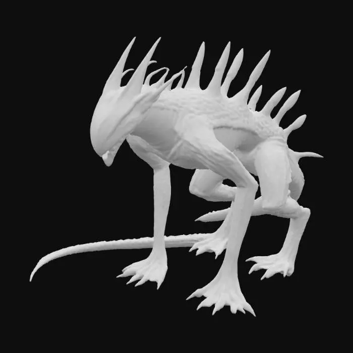 3D model for This creature exhibits the lean, cunning build of a fox, but its fur is replaced by overlapping, chitinous plates in a matte, dark grey, giving it an armored yet flexible appearance. Its elongated snout is lined with delicate, bioluminescent pores, and its large, almond-shaped eyes glow with an internal, electric blue light. A long, segmented tail, tipped with a cluster of sharp, crystalline spikes, trails behind it, feeling rough and rigid to the touch.