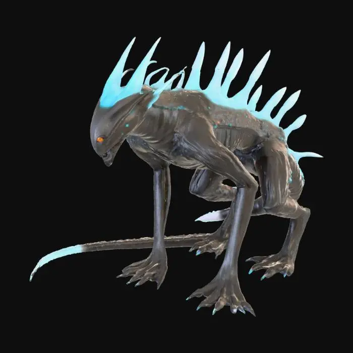 3D model for This creature exhibits the lean, cunning build of a fox, but its fur is replaced by overlapping, chitinous plates in a matte, dark grey, giving it an armored yet flexible appearance. Its elongated snout is lined with delicate, bioluminescent pores, and its large, almond-shaped eyes glow with an internal, electric blue light. A long, segmented tail, tipped with a cluster of sharp, crystalline spikes, trails behind it, feeling rough and rigid to the touch.