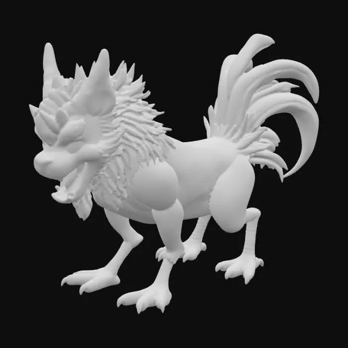 3D model for A formidable creature with the muscular, tawny body of a lion, but instead of a mane, its neck is adorned with a vibrant ruff of iridescent, green and blue rooster feathers. Its head features piercing feline eyes and a powerful, almost beak-like snout, topped with a prominent, fleshy red comb and wattle. Its four powerful limbs end in large, clawed paws, each equipped with a sharp, keratinous spur on the back. A lion's tail, tipped with a tuft of multi-colored feathers, completes its unique appearance, a blend of soft fur and sleek feathers.