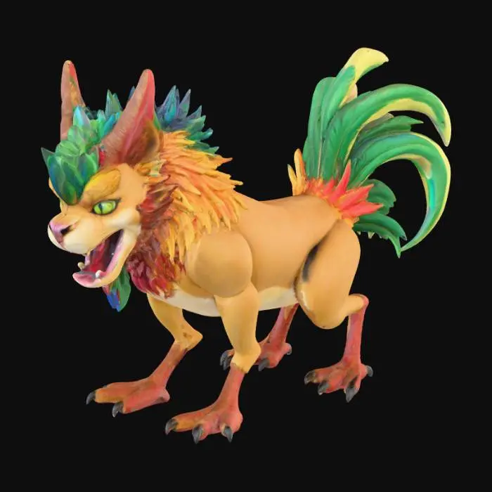 3D model for A formidable creature with the muscular, tawny body of a lion, but instead of a mane, its neck is adorned with a vibrant ruff of iridescent, green and blue rooster feathers. Its head features piercing feline eyes and a powerful, almost beak-like snout, topped with a prominent, fleshy red comb and wattle. Its four powerful limbs end in large, clawed paws, each equipped with a sharp, keratinous spur on the back. A lion's tail, tipped with a tuft of multi-colored feathers, completes its unique appearance, a blend of soft fur and sleek feathers.