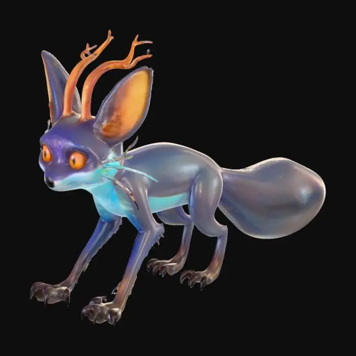 3D model for A lithe, fox-like creature with sleek, iridescent fur that shimmers from deep russet to electric blue, feeling soft yet subtly scaly to the touch. Its elongated snout features a small, vertical maw, and its eyes are large, multi-faceted orbs of glowing amber. Two long, flexible antennae extend from behind its pointed, velvety ears, sensing vibrations with a delicate, chitinous texture. Its slender limbs end in four-toed paws with dark, smooth, crystalline claws, giving it an agile yet ethereal presence.