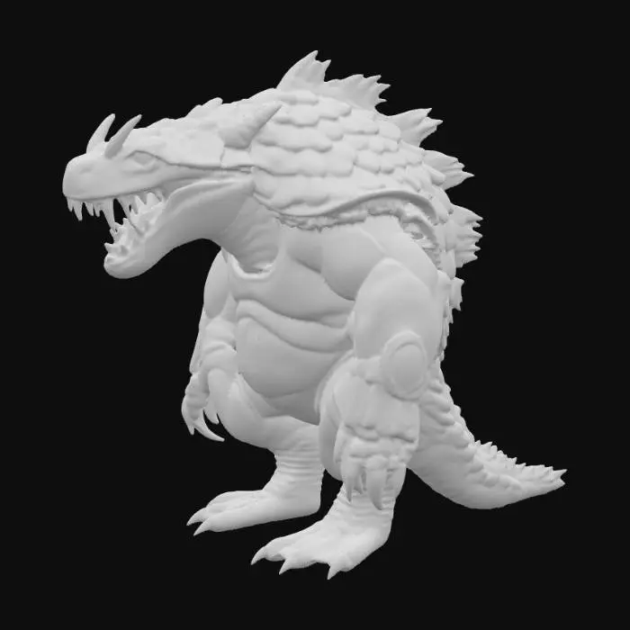 3D model for A ferocious hybrid creature with a stocky, muscular body akin to a Tasmanian devil, yet entirely encased in overlapping, rough pangolin scales that form a formidable, armored shell in mottled grey and dark brown. Its broad head features sharp, gleaming teeth in a powerful jaw, flanked by soft, feathery axolotl gills that pulsate gently, a vibrant pinkish-red. Its short, powerful limbs end in strong, dark claws, protruding from the segmented armor. The texture is a stark contrast between hard, scaly plates and delicate, moist gills.