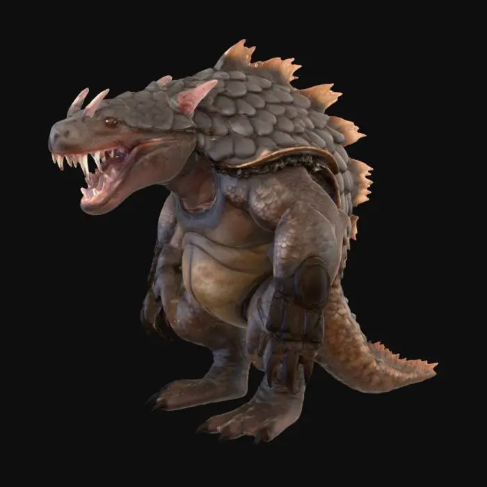 3D model for A ferocious hybrid creature with a stocky, muscular body akin to a Tasmanian devil, yet entirely encased in overlapping, rough pangolin scales that form a formidable, armored shell in mottled grey and dark brown. Its broad head features sharp, gleaming teeth in a powerful jaw, flanked by soft, feathery axolotl gills that pulsate gently, a vibrant pinkish-red. Its short, powerful limbs end in strong, dark claws, protruding from the segmented armor. The texture is a stark contrast between hard, scaly plates and delicate, moist gills.