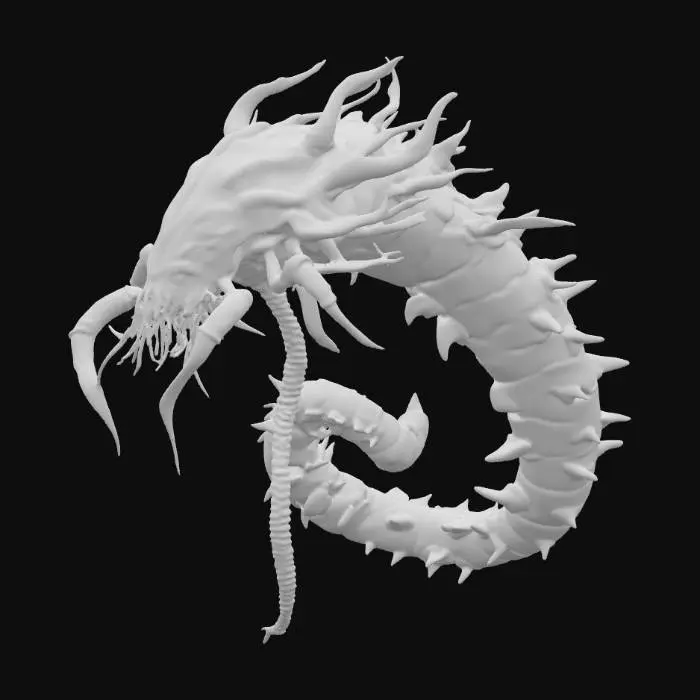 3D model for A parasitic creature with a segmented, serpentine body, covered in a slick, dark crimson skin that shimmers with an oily sheen. Its underside features numerous small, barbed tendrils designed for firm attachment, feeling both adhesive and sharply chitinous. A central, elongated proboscis extends from its head, appearing tough and needle-like. Its body is mottled with subtle, pulsating grey veins, and a series of small, glowing orange nodes run along its flanks, giving it a soft, internal warmth, contrasting with its cold, external texture.