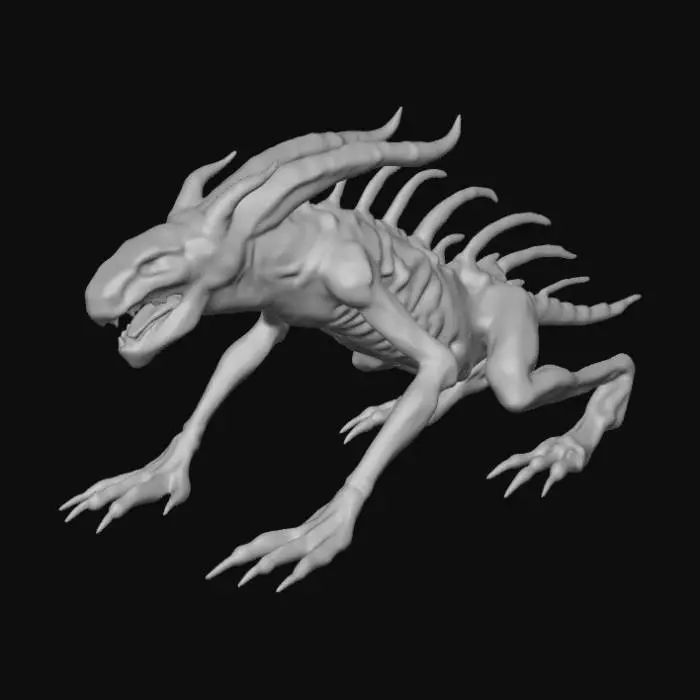3D model for A terrifying Giger-inspired monster, its full body an unsettling fusion of biomechanical horror and dark fantasy. Its elongated, skeletal frame is covered in a glistening, dark obsidian chitin that feels both slick and incredibly hard. Ribbed, sinuous limbs end in razor-sharp, polished bone claws, while its segmented torso reveals pulsating organic tissue beneath cool, dark plates. Its head is a nightmare of fused bone and metal, with a gaping, tooth-filled maw and hollow, light-absorbing voids for eyes, creating a chilling mix of cold metal, wet organic matter, and brittle bone textures.