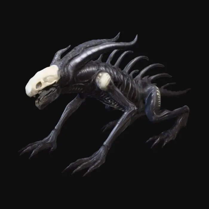 3D model for A terrifying Giger-inspired monster, its full body an unsettling fusion of biomechanical horror and dark fantasy. Its elongated, skeletal frame is covered in a glistening, dark obsidian chitin that feels both slick and incredibly hard. Ribbed, sinuous limbs end in razor-sharp, polished bone claws, while its segmented torso reveals pulsating organic tissue beneath cool, dark plates. Its head is a nightmare of fused bone and metal, with a gaping, tooth-filled maw and hollow, light-absorbing voids for eyes, creating a chilling mix of cold metal, wet organic matter, and brittle bone textures.