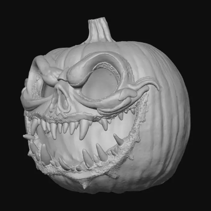 3D model for A grotesque pumpkin carving featuring a deeply caved-in face with elongated, jagged eye sockets that appear to weep black ooze. Its wide, snarling mouth is filled with irregular, pointed teeth carved from the pumpkin's flesh, giving it a decaying, organic texture. The orange skin around the features is scarred and subtly darkened, suggesting a sinister, withered appearance.