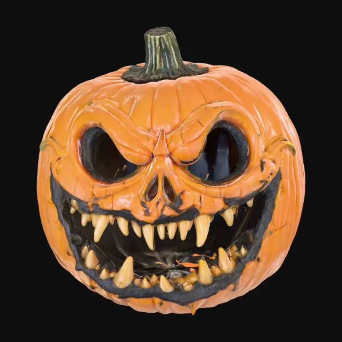 3D model for A grotesque pumpkin carving featuring a deeply caved-in face with elongated, jagged eye sockets that appear to weep black ooze. Its wide, snarling mouth is filled with irregular, pointed teeth carved from the pumpkin's flesh, giving it a decaying, organic texture. The orange skin around the features is scarred and subtly darkened, suggesting a sinister, withered appearance.