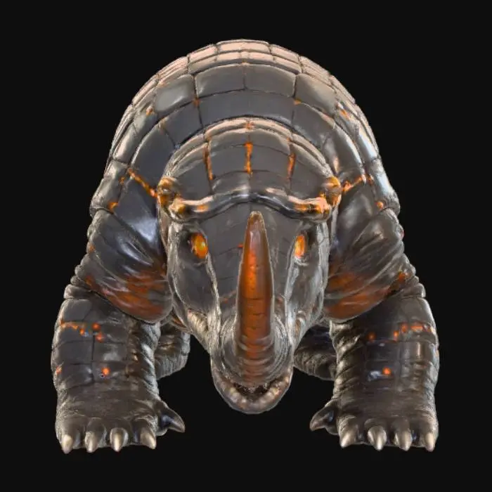 3D model for A subterranean beast, resembling an enormous, armored armadillo with obsidian-like plates and glowing cracks revealing molten orange beneath. Its heavy, club-like head houses a wide, hinged jaw. When opened, it reveals a massive, rock-hard tongue, textured like rough granite, studded with razor-sharp obsidian shards. This formidable tongue can rapidly extend, acting as both a battering ram and a grinding weapon, covered in abrasive volcanic dust., #Halloween2025#