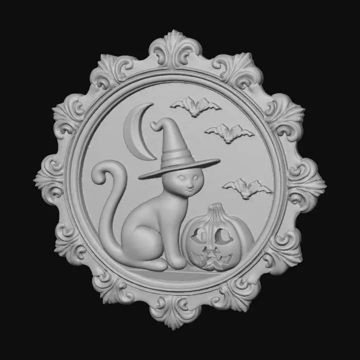 3D model for A circular, sepia-toned 3D relief carving featuring a charming Halloween scene. The central image depicts a stylized black cat wearing a witch hat, holding a carved jack-o'-lantern against a prominent crescent moon with bats in flight. An ornate, swirling baroque border frames the composition. The entire piece has a smooth, aged wood-like texture, with raised elements in a creamy off-white and recessed areas in dark brown, creating a strong sense of depth and contrast.#Halloween2025#