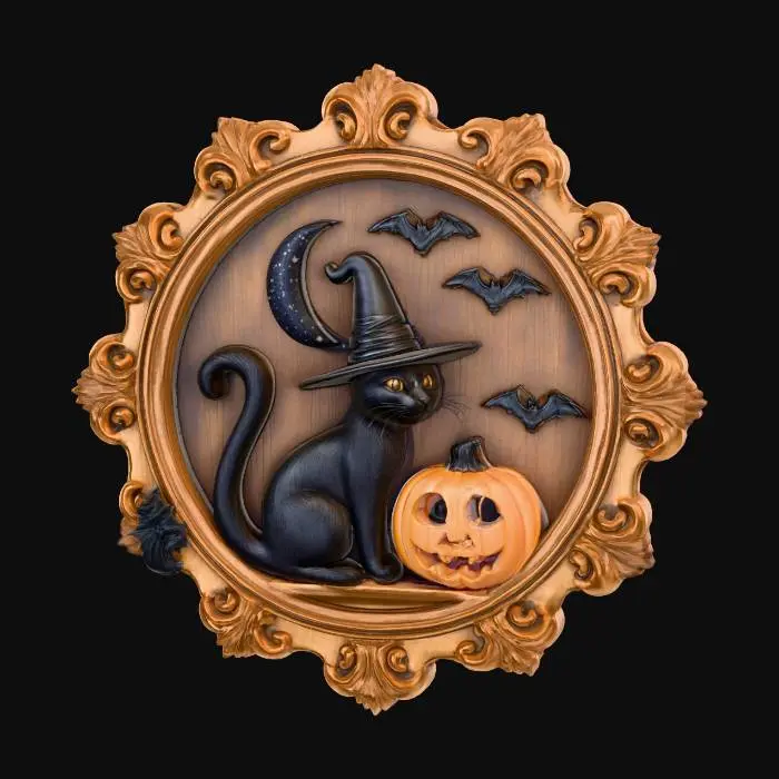 3D model for A circular, sepia-toned 3D relief carving featuring a charming Halloween scene. The central image depicts a stylized black cat wearing a witch hat, holding a carved jack-o'-lantern against a prominent crescent moon with bats in flight. An ornate, swirling baroque border frames the composition. The entire piece has a smooth, aged wood-like texture, with raised elements in a creamy off-white and recessed areas in dark brown, creating a strong sense of depth and contrast.#Halloween2025#