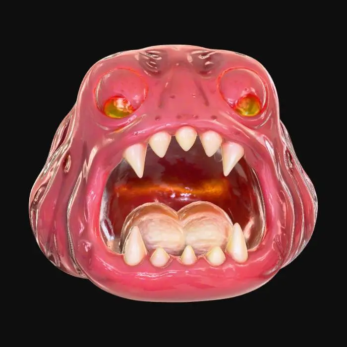 3D model for An amorphous, gelatinous blob of deep crimson, constantly shifting and pulsating with an internal glow. Within its translucent, viscous mass, countless white, conical teeth churn and grind, surrounded by dozens of lidless, golden eyes that float freely, giving it a disturbing, fluid structure and a slimy texture., #Halloween2025#