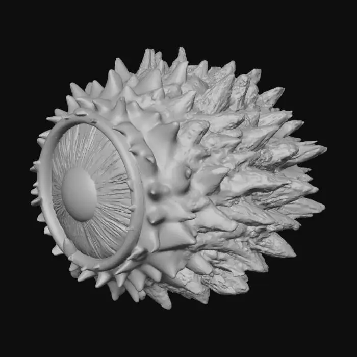 3D model for A bizarre arctic entity, resembling a colossal floating eyeball encased in jagged, iridescent ice. The sclera is a milky, opalescent white, while the iris swirls with hypnotic gradients of sapphire and turquoise, occasionally cracking to reveal deeper, darker hues. Fine, crystalline cilia extend from its surface, shimmering like microscopic diamonds, creating an aura of frozen mist around it.#Halloween2025#