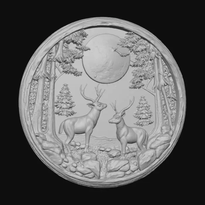 3D model for A detailed circular bas-relief sculpture crafted from polished silver or pewter, depicting a serene forest scene. Three deer, including two adults and a fawn, stand among intricately carved pine trees and rocky terrain. A full moon hangs above, casting soft, directional light that highlights the smooth metallic surfaces and deep shadows, emphasizing the high-relief carving within its textured, undulating border.