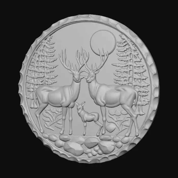 3D model for #Christmas2025#, A detailed circular bas-relief sculpture crafted from polished silver or pewter, depicting a serene forest scene. Three deer, including two adults and a fawn, stand among intricately carved pine trees and rocky terrain. A full moon hangs above, casting soft, directional light that highlights the smooth metallic surfaces and deep shadows, emphasizing the high-relief carving within its textured, undulating border.