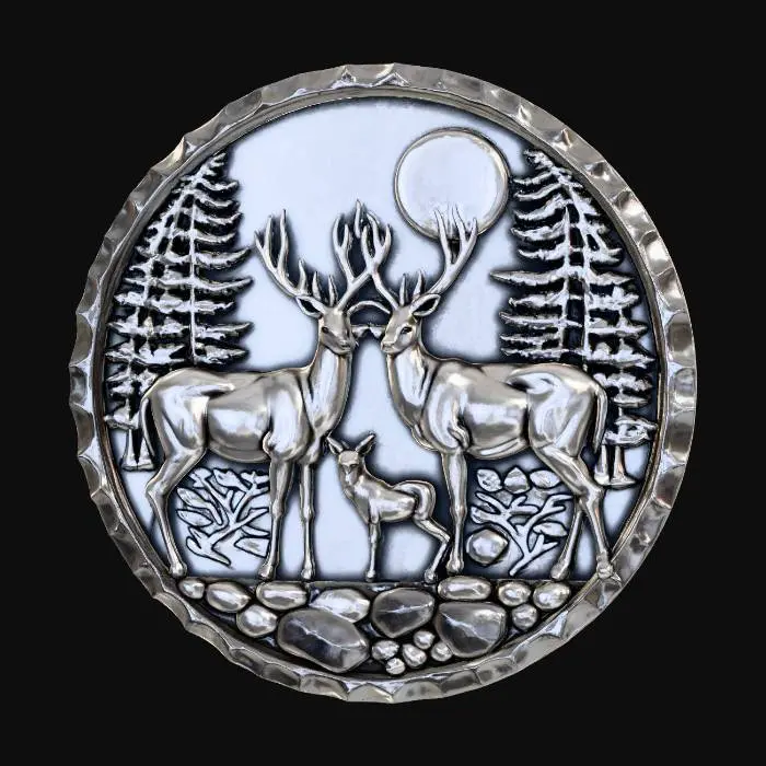 3D model for #Christmas2025#, A detailed circular bas-relief sculpture crafted from polished silver or pewter, depicting a serene forest scene. Three deer, including two adults and a fawn, stand among intricately carved pine trees and rocky terrain. A full moon hangs above, casting soft, directional light that highlights the smooth metallic surfaces and deep shadows, emphasizing the high-relief carving within its textured, undulating border.