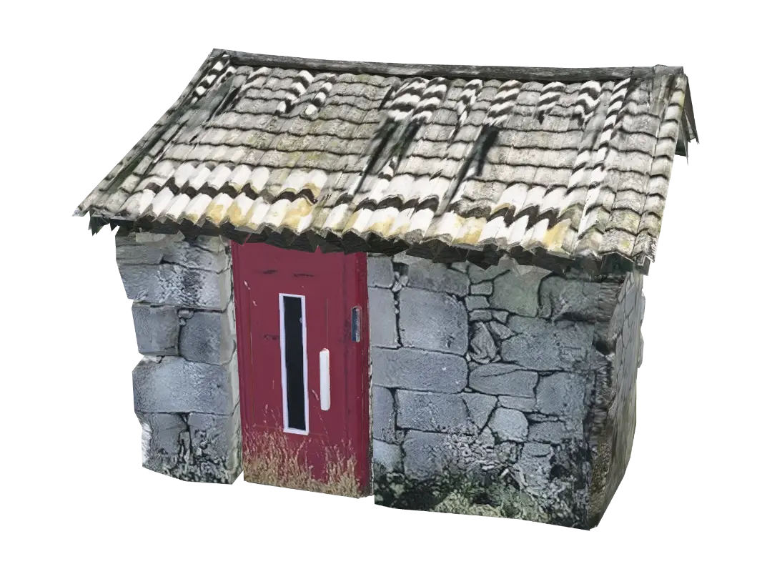 Stone Hut with Red Door 3D model, vytvořený pomocí AI