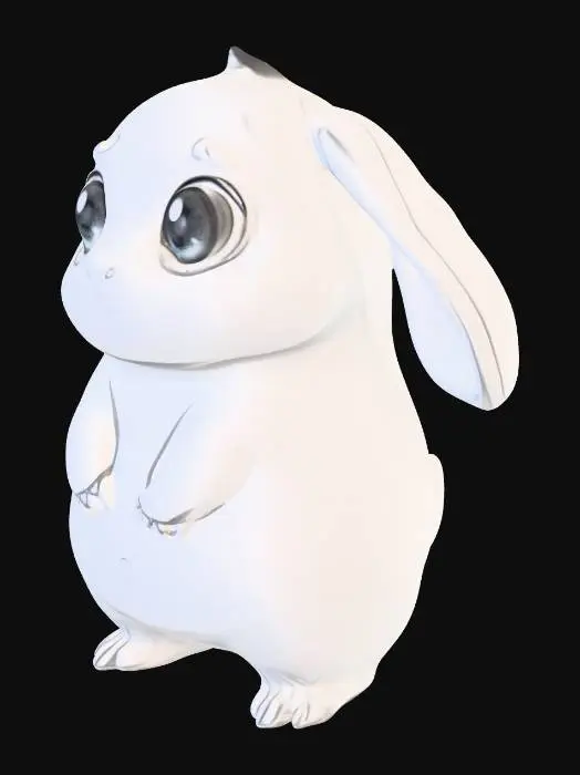3D model for Cute baby creature with big round eyes, long floppy ears, and a small chubby body. Maintain the same proportions as the sketch: short legs, small arms with tiny claws, and a small tail. Keep the soft and rounded shapes. Style: smooth cartoon 3D model with clean topology, pastel colors, and subtle shading. No clothes, no accessories, neutral pose (T-pose optional), ready for animation or rendering.