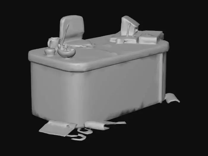 3D model for A low-poly wooden reception desk features a sturdy, blocky structure. Its textured surface is heavily marked with numerous visible scratches and scuffs, indicating years of use. A subtle, light dust texture overlays the entire desk, dulling its original finish. Resting on its worn top are a ceramic coffee cup, an old radio headset with faded ear pads and a coiled cable, and a few scattered, slightly creased papers, each adding to its abandoned, utilitarian aesthetic.