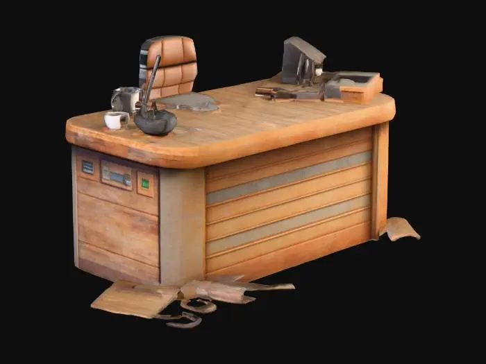 3D model for A low-poly wooden reception desk features a sturdy, blocky structure. Its textured surface is heavily marked with numerous visible scratches and scuffs, indicating years of use. A subtle, light dust texture overlays the entire desk, dulling its original finish. Resting on its worn top are a ceramic coffee cup, an old radio headset with faded ear pads and a coiled cable, and a few scattered, slightly creased papers, each adding to its abandoned, utilitarian aesthetic.