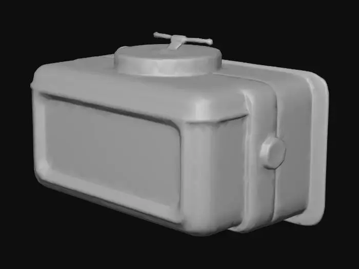 3D model for A low-poly emergency wall lamp, designed with a distinct retro 1980s industrial aesthetic, features a simple, robust housing mounted firmly to a wall. Its front is covered by a cracked, semi-translucent plastic cover, showing signs of significant age and wear. From within, the lamp emits a faint, eerie orange glow, characterized by a subtle, intermittent flickering, suggesting a decaying power source. This worn, functional object contributes to a gritty, abandoned atmosphere.