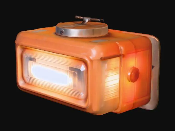 3D model for A low-poly emergency wall lamp, designed with a distinct retro 1980s industrial aesthetic, features a simple, robust housing mounted firmly to a wall. Its front is covered by a cracked, semi-translucent plastic cover, showing signs of significant age and wear. From within, the lamp emits a faint, eerie orange glow, characterized by a subtle, intermittent flickering, suggesting a decaying power source. This worn, functional object contributes to a gritty, abandoned atmosphere.