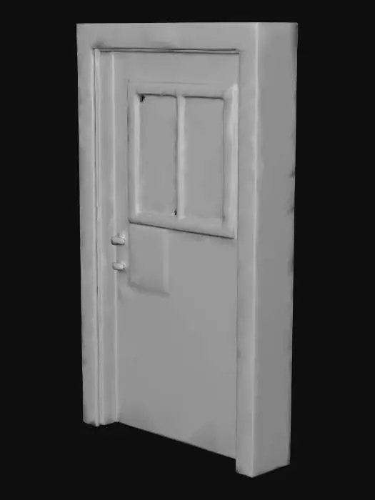 3D model for A low-poly heavy steel door with a small rectangular window covered by wired glass. The door has a faded red “ON AIR” sign above it that flickers faintly. Include warning decals and worn paint texture.