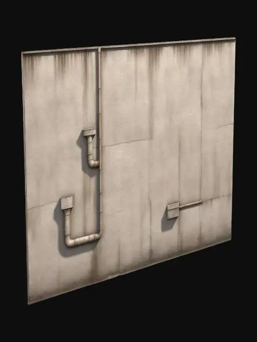 3D model for Un segmento estrecho de pared, con una superficie de hormigón desgastado y de color neutro. A lo largo de su estructura, tuberías de conducto metálicas, de aspecto industrial y ligeramente envejecido, recorren horizontal o verticalmente. Paneles de espuma insonorizante, de forma rectangular y color descolorido por el tiempo, están adheridos irregularmente a la pared. La combinación de estas texturas crea el ambiente de un pasillo olvidado en una antigua instalación de radio, con sutiles marcas de uso y abandono.