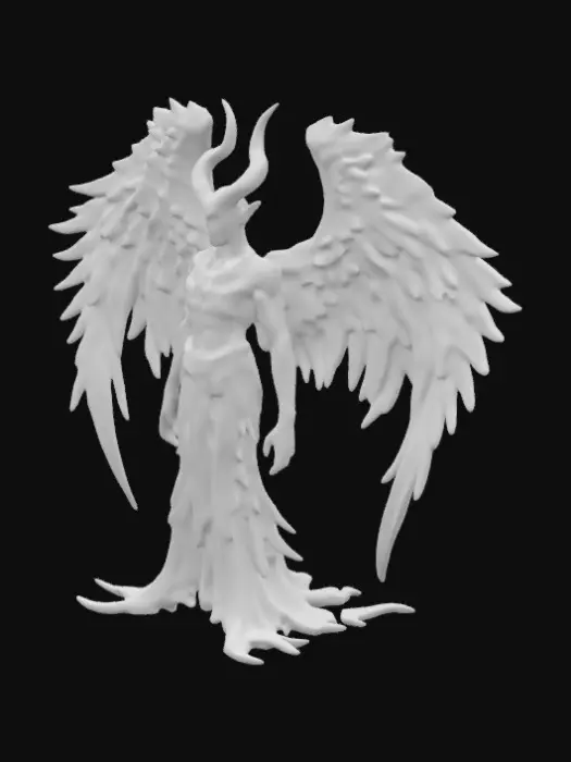 3D model for The object features a humanoid form with a sleek, smooth texture and an imposing geometry characterized by dramatic horns, large wings, and flowing, fiery drapery.,