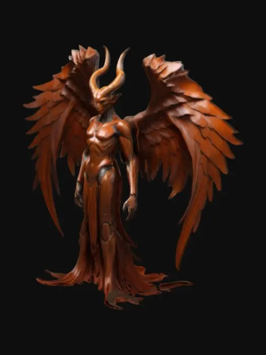 3D model for The object features a humanoid form with a sleek, smooth texture and an imposing geometry characterized by dramatic horns, large wings, and flowing, fiery drapery.,