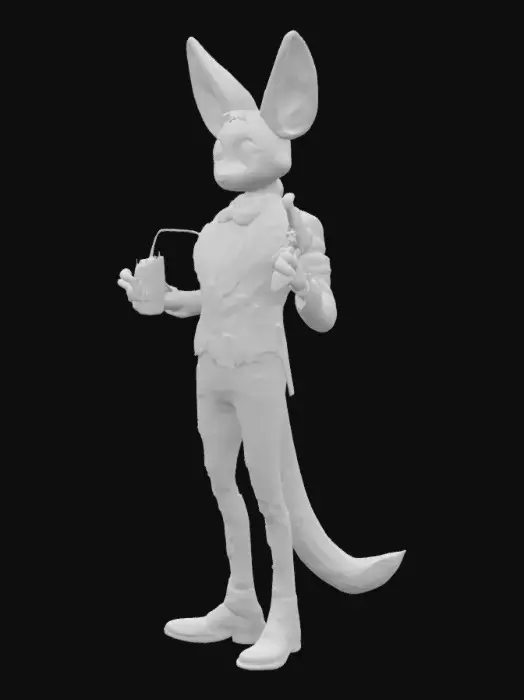 3D model for An anthropomorphic character with large ears, dressed in a white tuxedo jacket and bow tie, holds a drink and a small firearm, featuring a smooth, soft texture and rounded facial features.